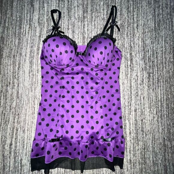 Per Lei Womens Size Medium Chemise Nightie Lingerie Purple Polka Dot‎ Stretch - Picture 1 of 5